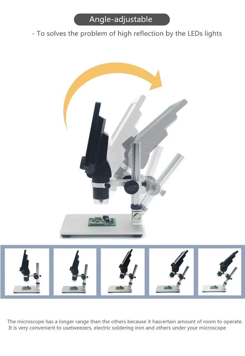 12MP Digital Microscope with 7 Inch Large Color Screen, Wide Base, LCD Display, 1-1200X Continuous Magnification with Light - Built-in Battery Version