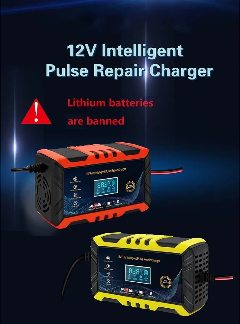 Fully Automatic Car Battery Charger, Pulse Repair, LCD Battery Charger, Smart Lead Acid Charging for Auto Motorcycle