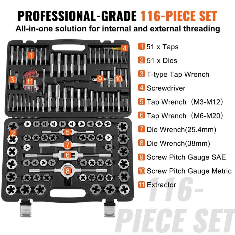 116-40 Pieces Tap and Die Set | Complete Tool Kit for Precision Threading