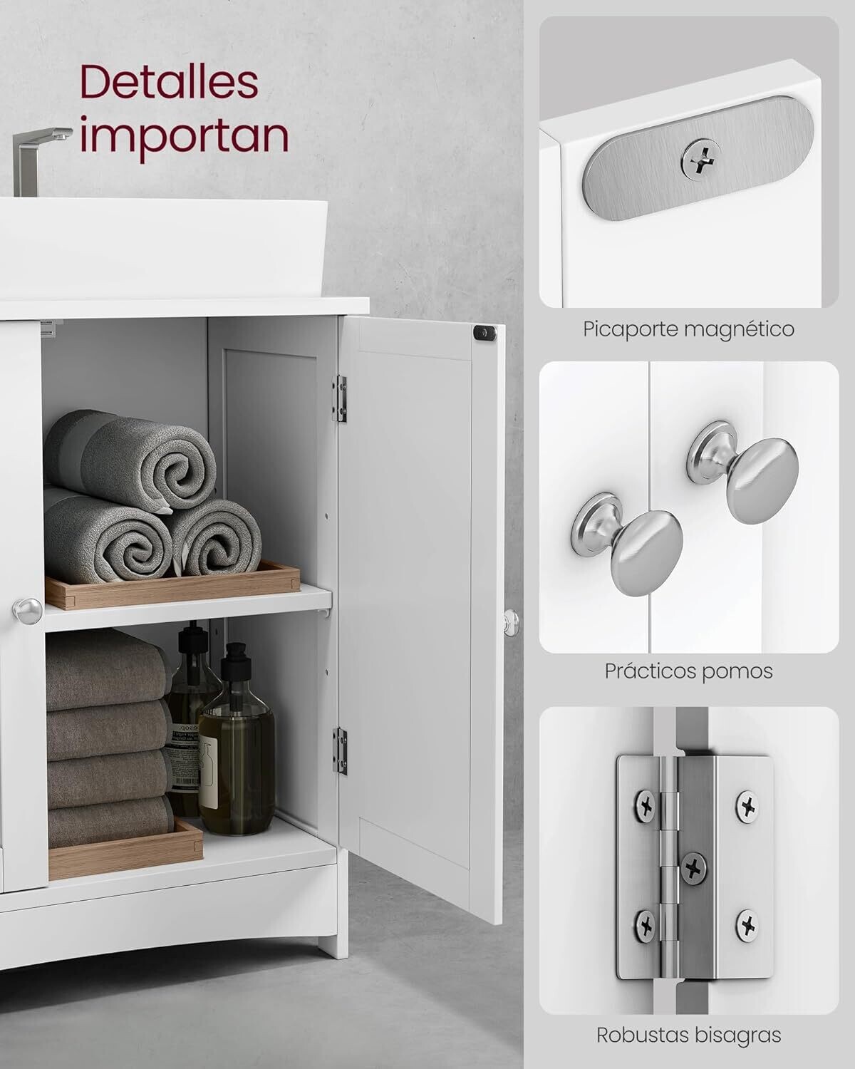 Under-Sink Cabinet with 2 Doors, Vanity Unit, Bathroom Cabinet, Adjustable Shelf, Lots of Storage Space, Freestanding, Country House Style