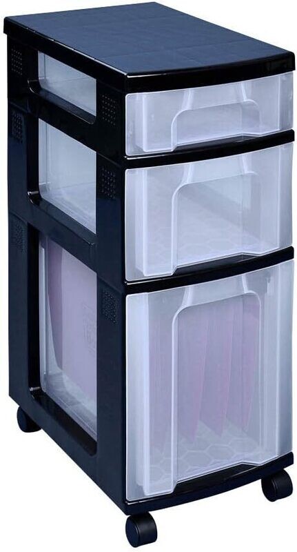 Storage Office Organization Drawer Tower Storage Tower Polypropylene 3 Drawers 7L 12L, 25L, W300xD420xH690mm, Black Clear