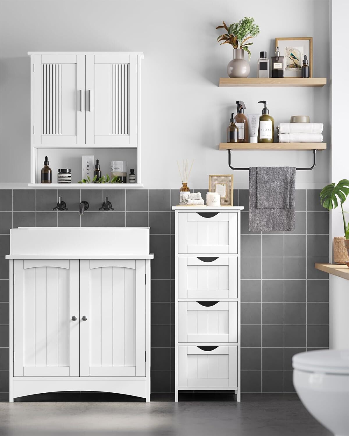 Under-Sink Cabinet with 2 Doors, Vanity Unit, Bathroom Cabinet, Adjustable Shelf, Lots of Storage Space, Freestanding, Country House Style