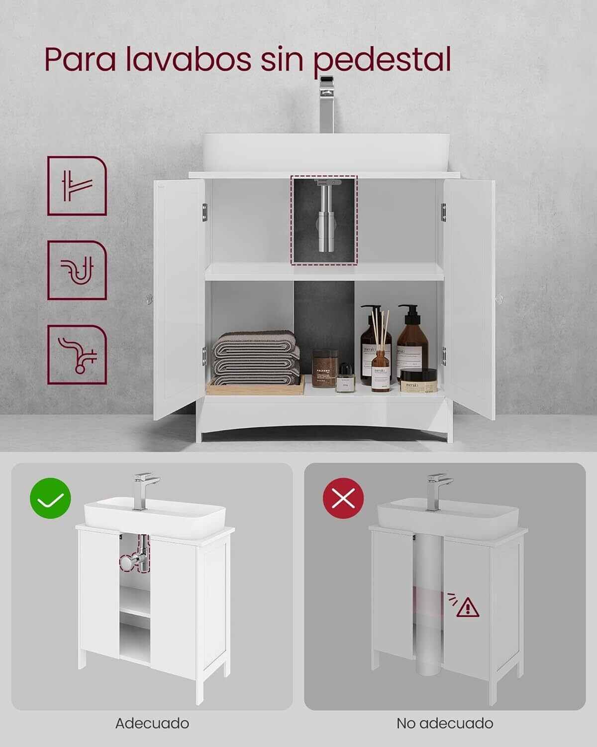 Under-Sink Cabinet with 2 Doors, Vanity Unit, Bathroom Cabinet, Adjustable Shelf, Lots of Storage Space, Freestanding, Country House Style