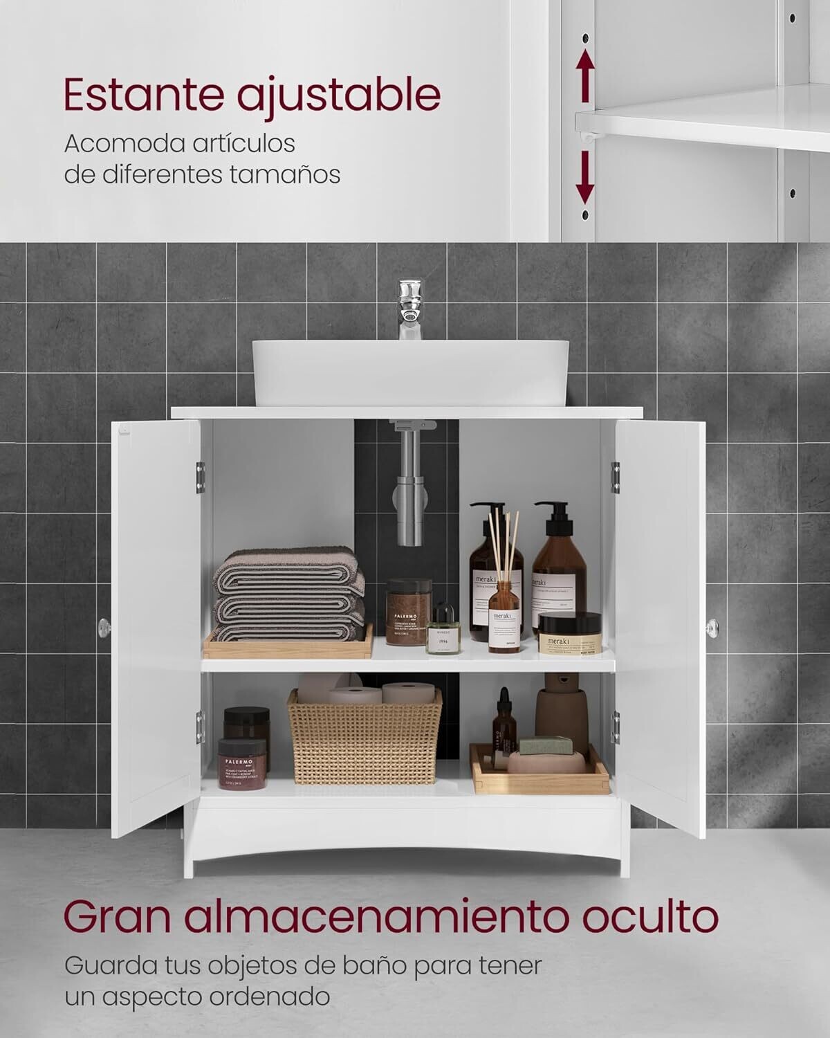 Under-Sink Cabinet with 2 Doors, Vanity Unit, Bathroom Cabinet, Adjustable Shelf, Lots of Storage Space, Freestanding, Country House Style