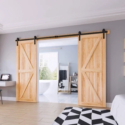 10FT Double Sliding Barn Door Hardware Kit – J-Shape Hanging Roller Track System for Double Doors, Complete Fittings &amp; Accessories