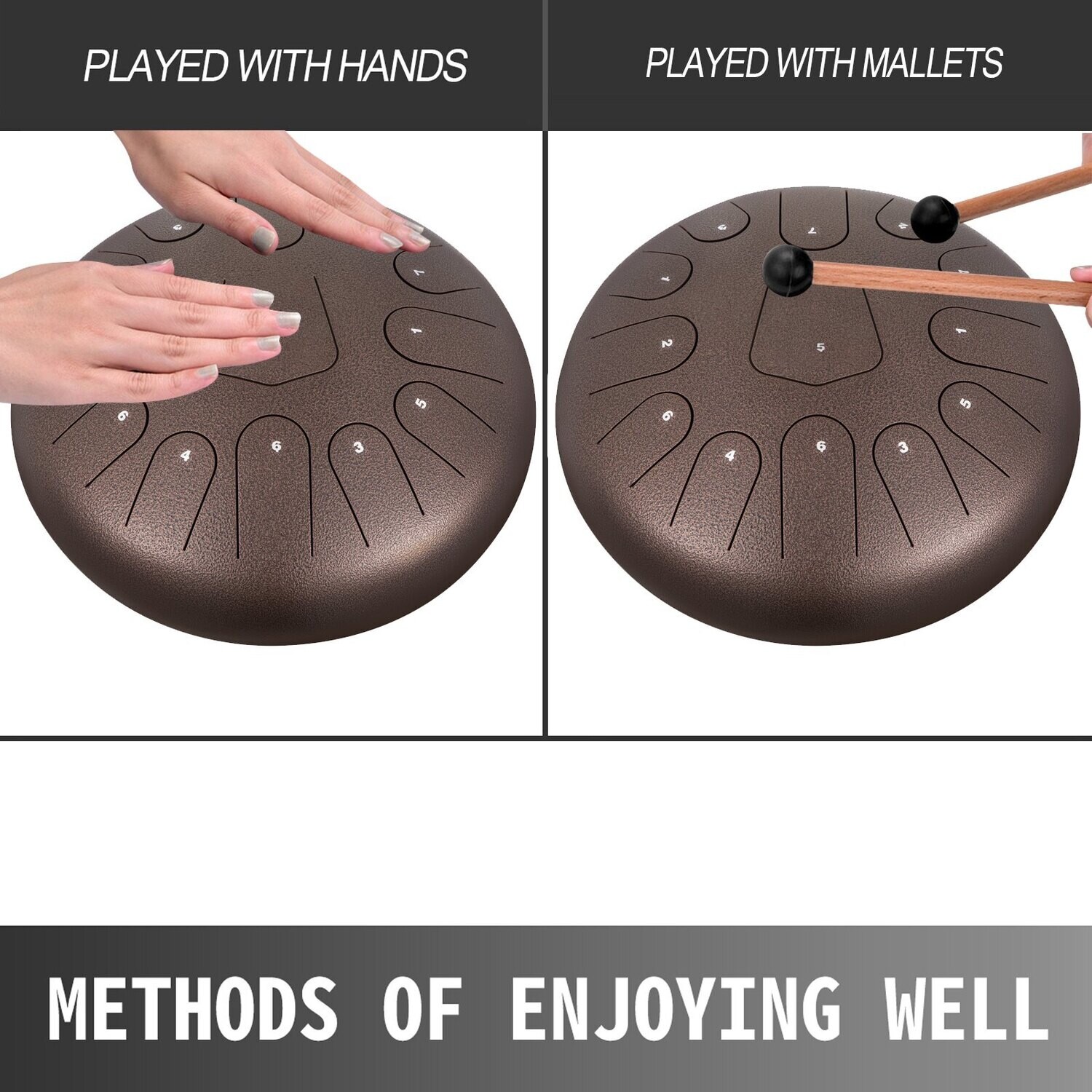 Steel Drum 13 Notes Percussion Instrument, 12 Inches Tongue Drum, Steel Tongue Drum,  With Bag, Book, Mallets, Mallet Bracket, Hang Pan , Chestnut