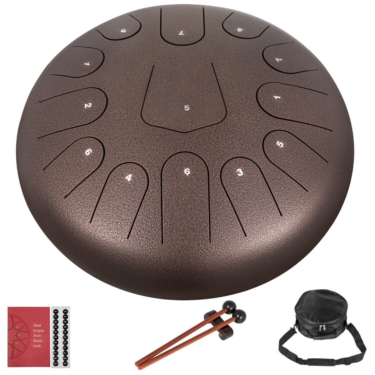 Steel Drum 13 Notes Percussion Instrument, 12 Inches Tongue Drum, Steel Tongue Drum, With Bag, Book, Mallets, Mallet Bracket, Hang Pan , Chestnut