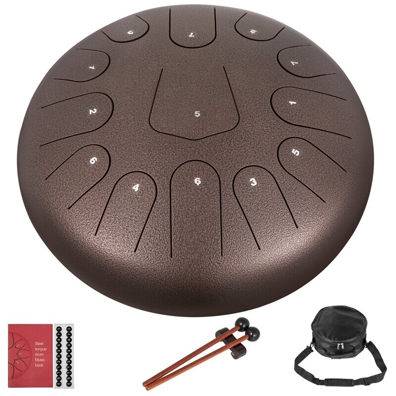 Steel Drum 13 Notes Percussion Instrument, 12 Inches Tongue Drum, Steel Tongue Drum,  With Bag, Book, Mallets, Mallet Bracket, Hang Pan , Chestnut