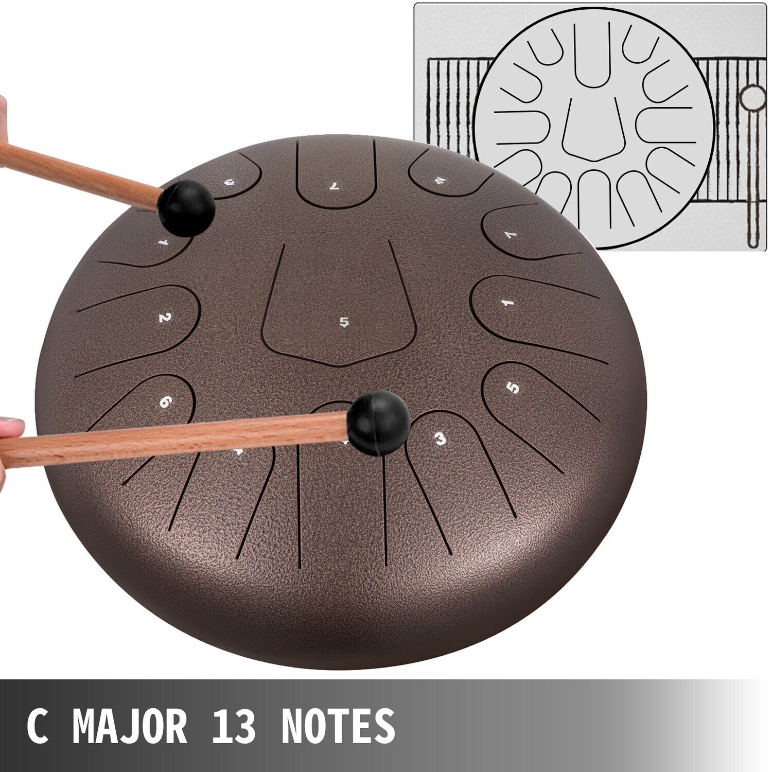Steel Drum 13 Notes Percussion Instrument, 12 Inches Tongue Drum, Steel Tongue Drum,  With Bag, Book, Mallets, Mallet Bracket, Hang Pan , Chestnut