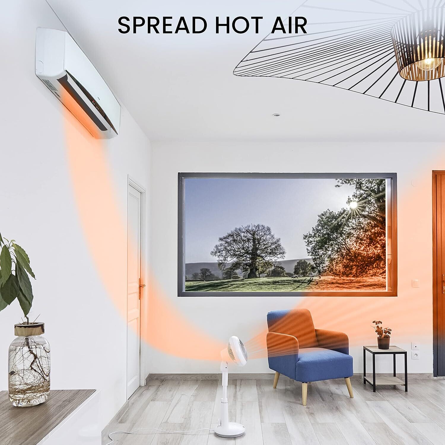 Ultra powerful &amp; quiet pedestal fan, 37m², Range 31m, Multi-directional oscillation, Remote control, DC motor, Living room
