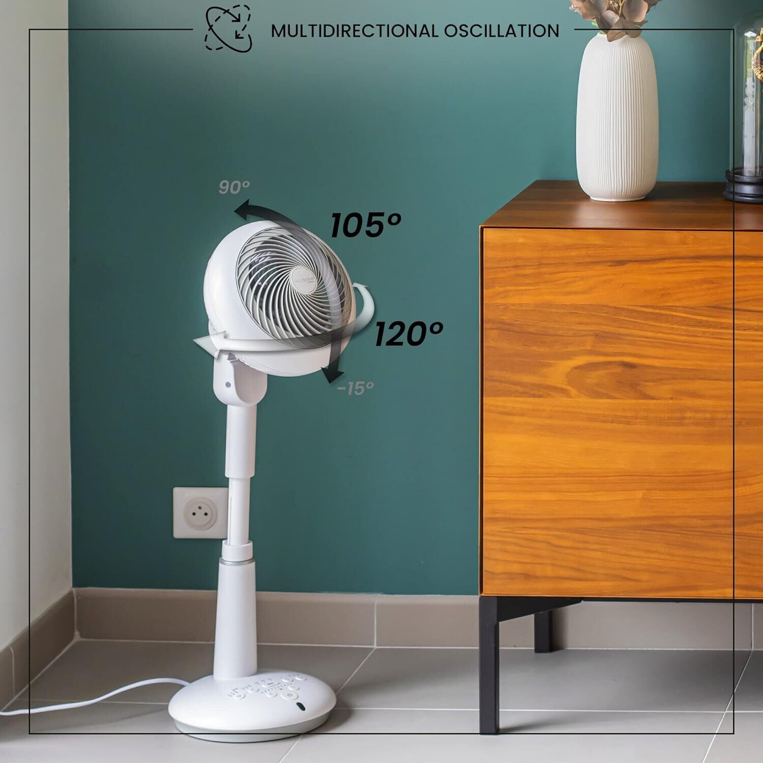 Ultra powerful &amp; quiet pedestal fan, 37m², Range 31m, Multi-directional oscillation, Remote control, DC motor, Living room