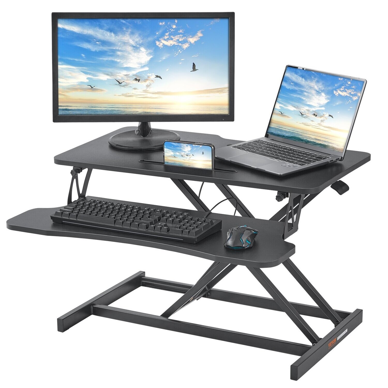 Height Adjustable Desk Stand Sit to Stand Gas Spring Riser Converter 32" Wide Table Workstation Fits Dual Monitor