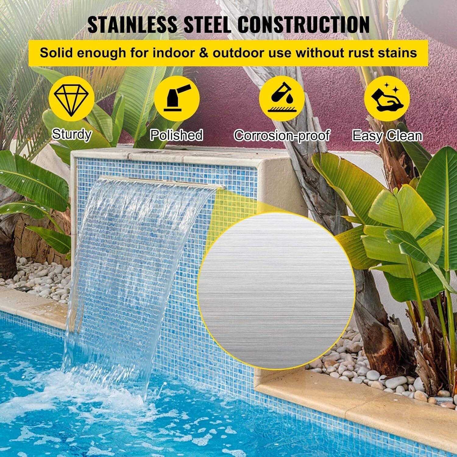 Waterfall Blade, 60cm Stainless Steel Waterfall Spillway, Rectangular Waterfall Pool Fountain, Cascade Blade w/Connector, Hose, Clamp &amp; PTFE Tape