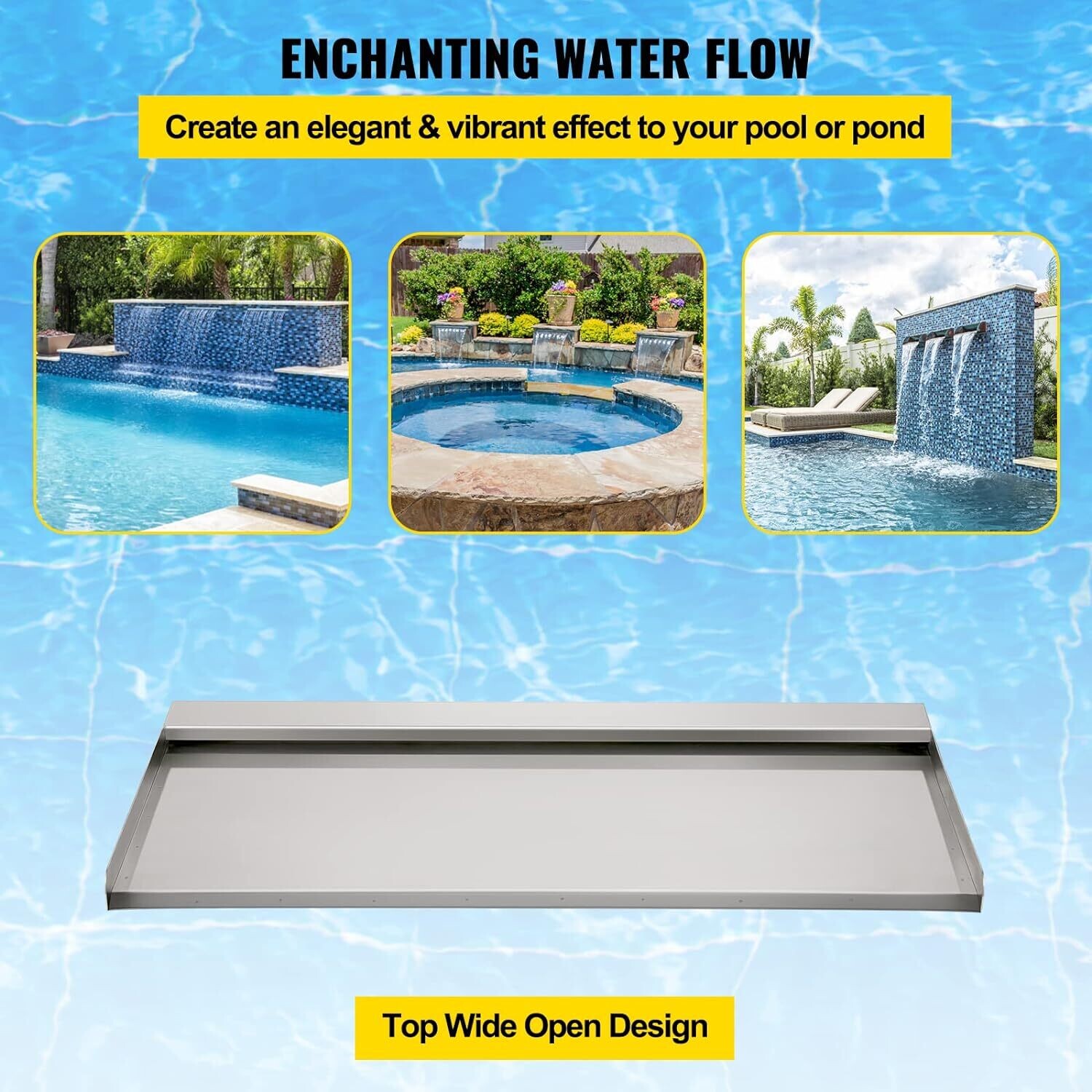 Waterfall Blade, 60cm Stainless Steel Waterfall Spillway, Rectangular Waterfall Pool Fountain, Cascade Blade w/Connector, Hose, Clamp &amp; PTFE Tape