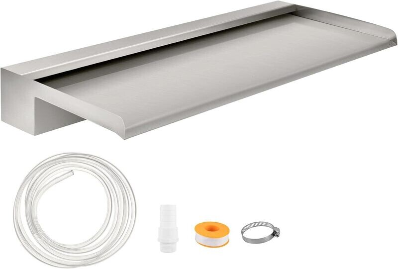 Waterfall Blade, 60cm Stainless Steel Waterfall Spillway, Rectangular Waterfall Pool Fountain, Cascade Blade w/Connector, Hose, Clamp &amp; PTFE Tape