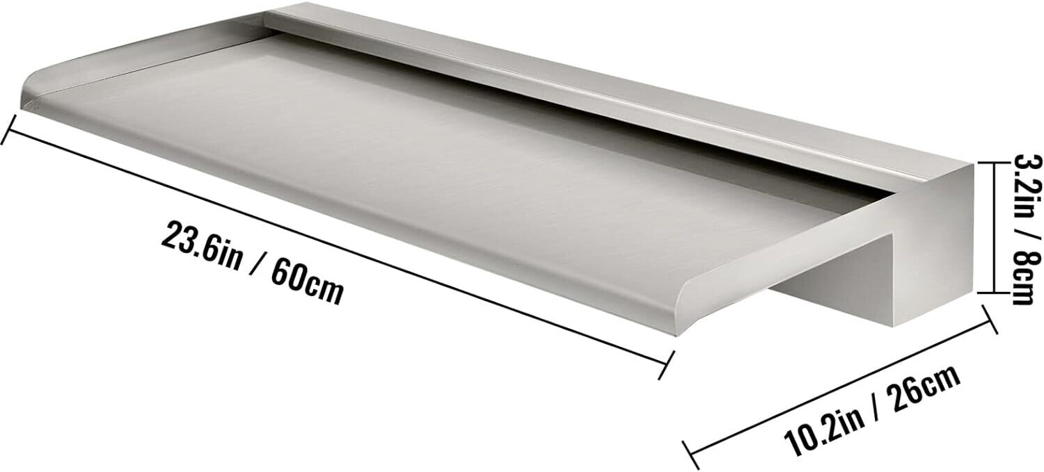 Waterfall Blade, 60cm Stainless Steel Waterfall Spillway, Rectangular Waterfall Pool Fountain, Cascade Blade w/Connector, Hose, Clamp &amp; PTFE Tape