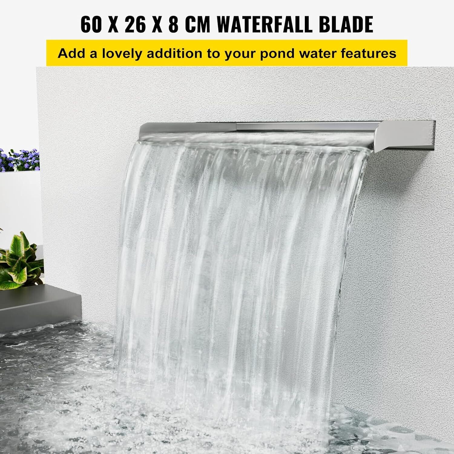 Waterfall Blade, 60cm Stainless Steel Waterfall Spillway, Rectangular Waterfall Pool Fountain, Cascade Blade w/Connector, Hose, Clamp &amp; PTFE Tape