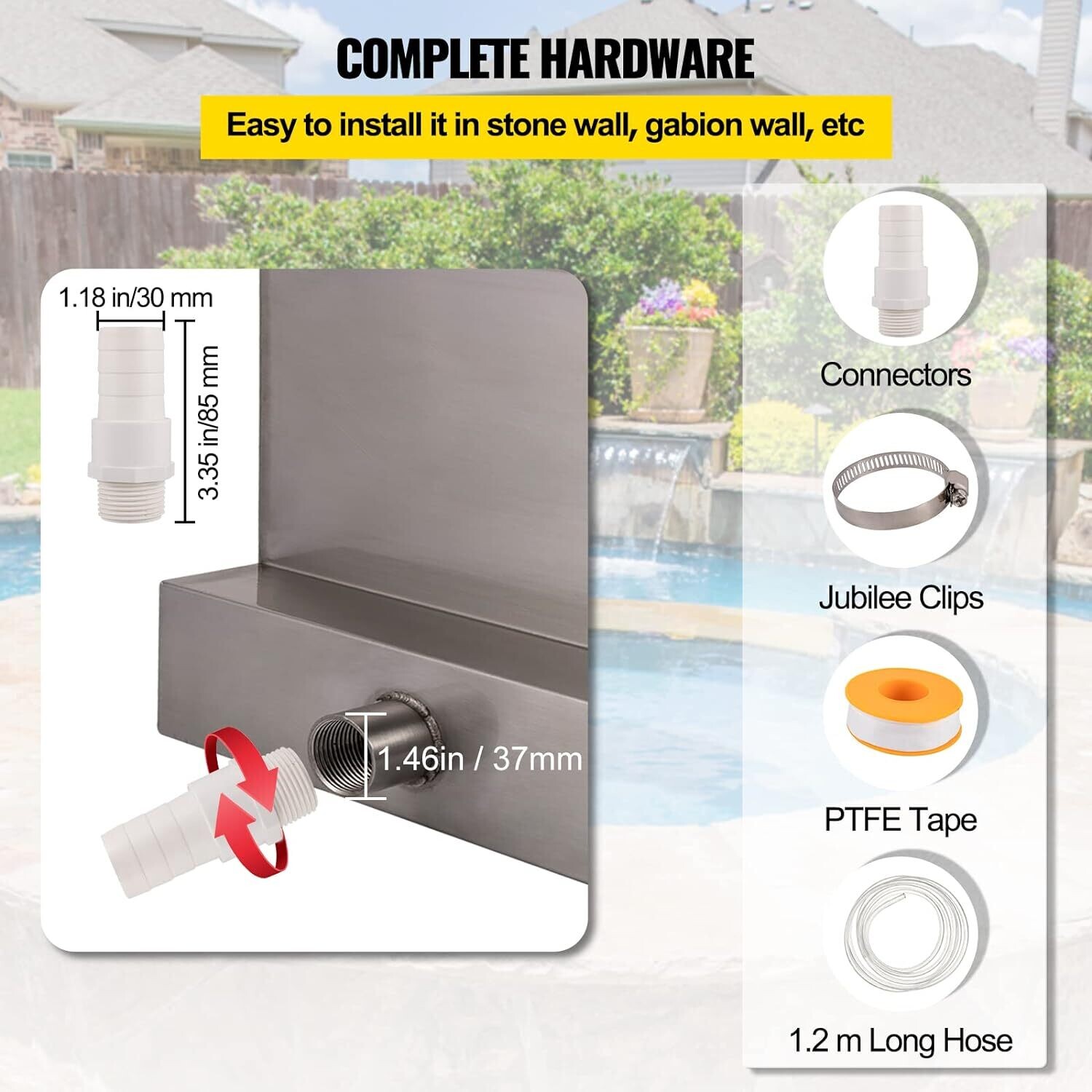 Waterfall Blade, 60cm Stainless Steel Waterfall Spillway, Rectangular Waterfall Pool Fountain, Cascade Blade w/Connector, Hose, Clamp &amp; PTFE Tape