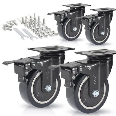 Heavy Duty Castor Wheels 100mm up to 600KG with Wrench and Bolt Screws - PU Rubber Swivel Wheels for Moving Furniture and Trolley (Black All 4 With Brakes)