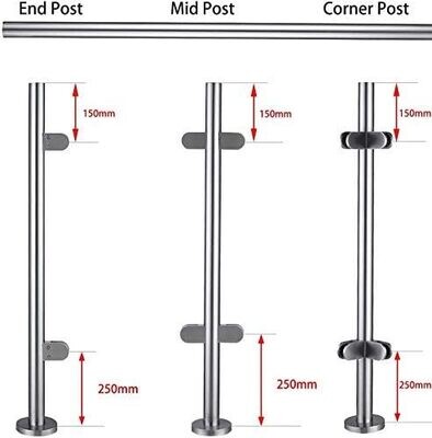 Stainless Steel Balustrade Posts with Glass Clamps and Rubbers, Railing Fence Pole Handrail Garden Fencing