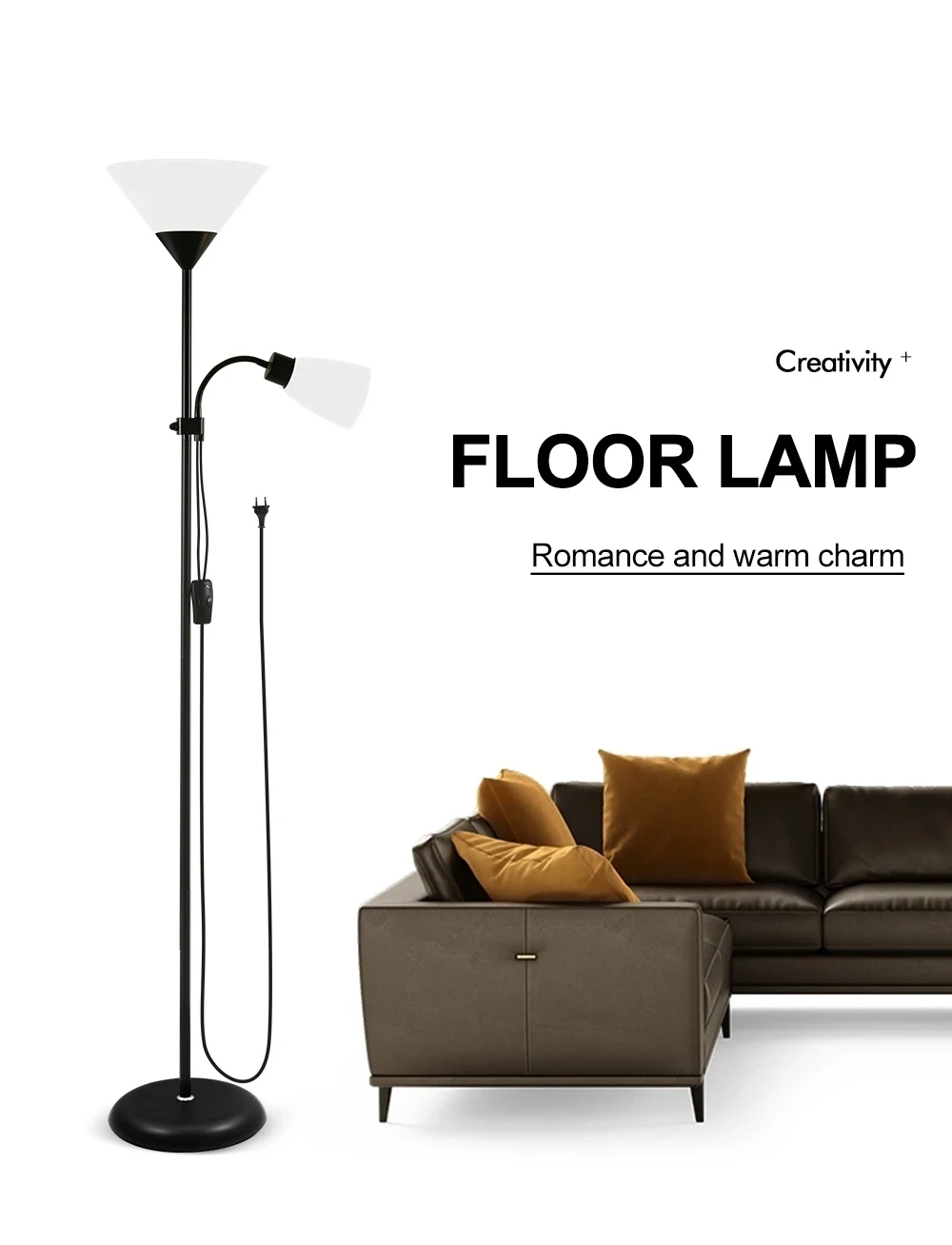 Led Floor Lamp E27 Bulb Base Nordic Corner Standing Lamp with Double Headed Floor Light for Indoor Living Room Bedroom