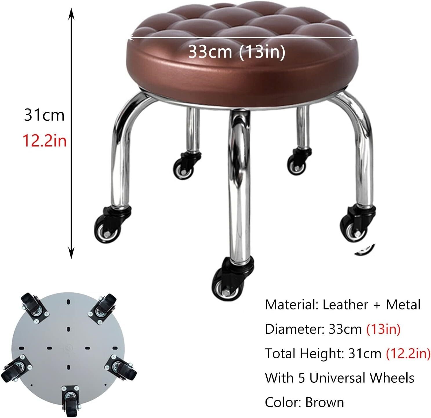 Small Swivel Rolling  Round Stool 5 Position Soft Footstool