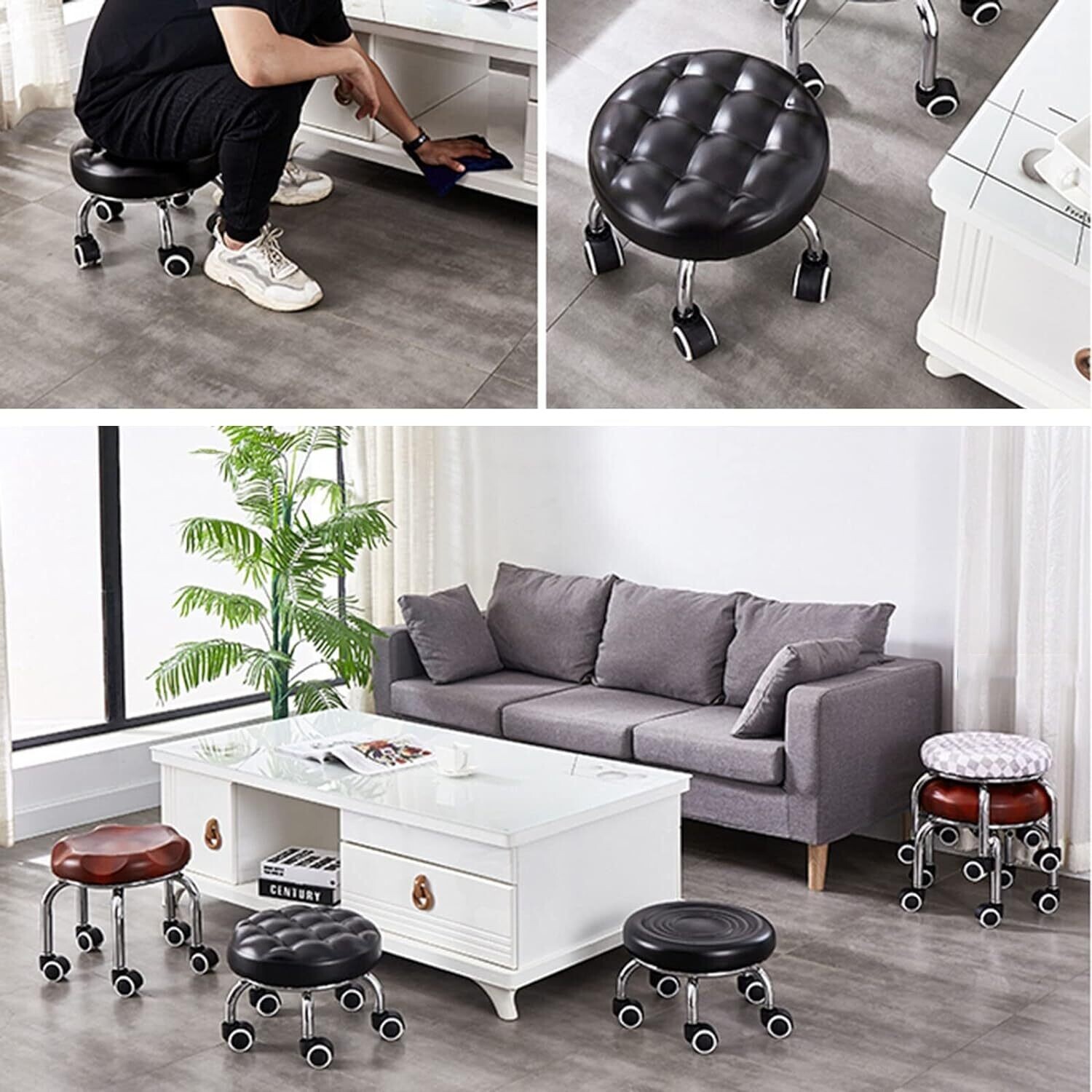 Small Swivel Rolling  Round Stool 5 Position Soft Footstool