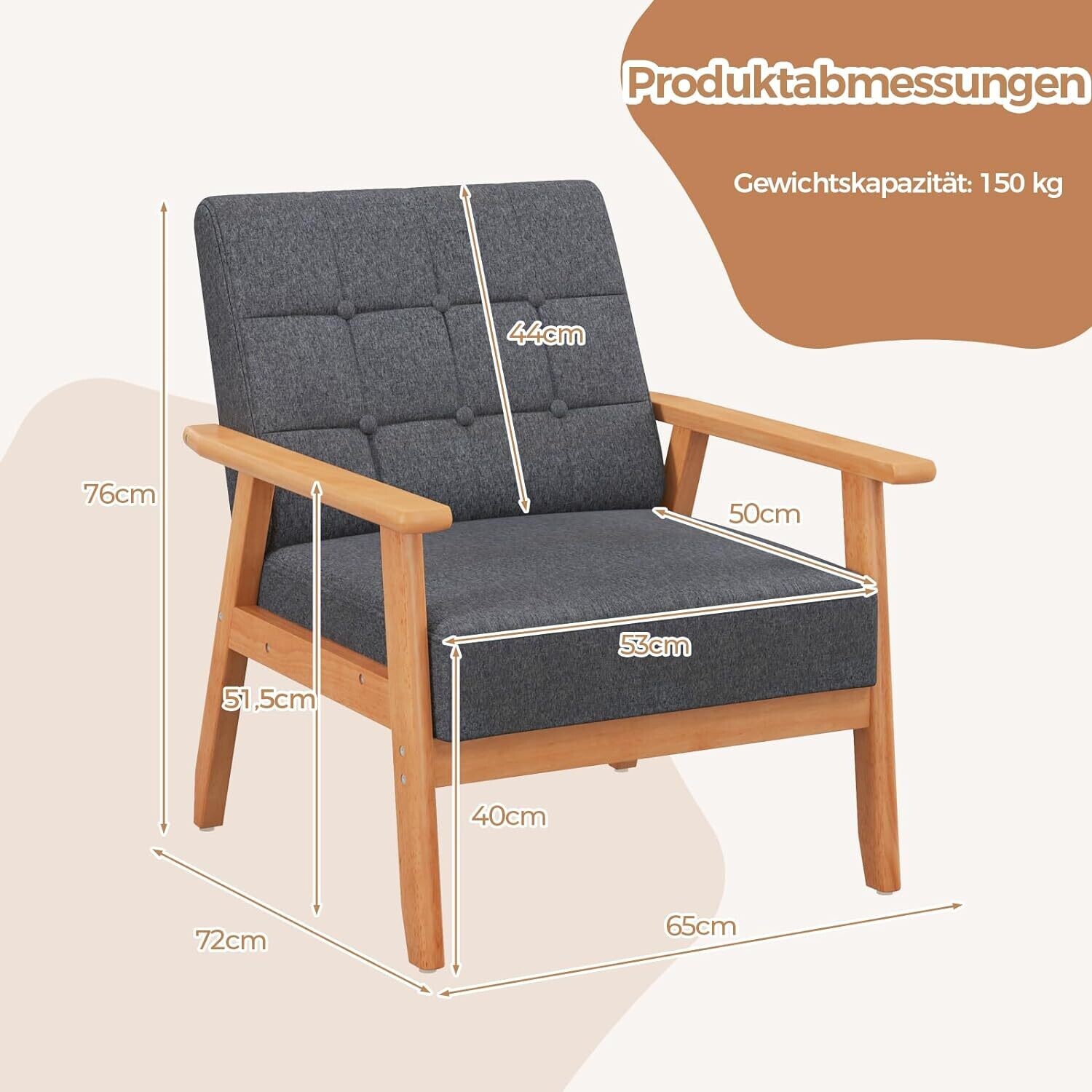 Padded Lounge Chair, Dining Room Chair with Solid Wood Frame, Accent Chair with Backrest Armrests, Maximum Load 150 kg, Upholstered Chair for Living Room, Dining Room, Office