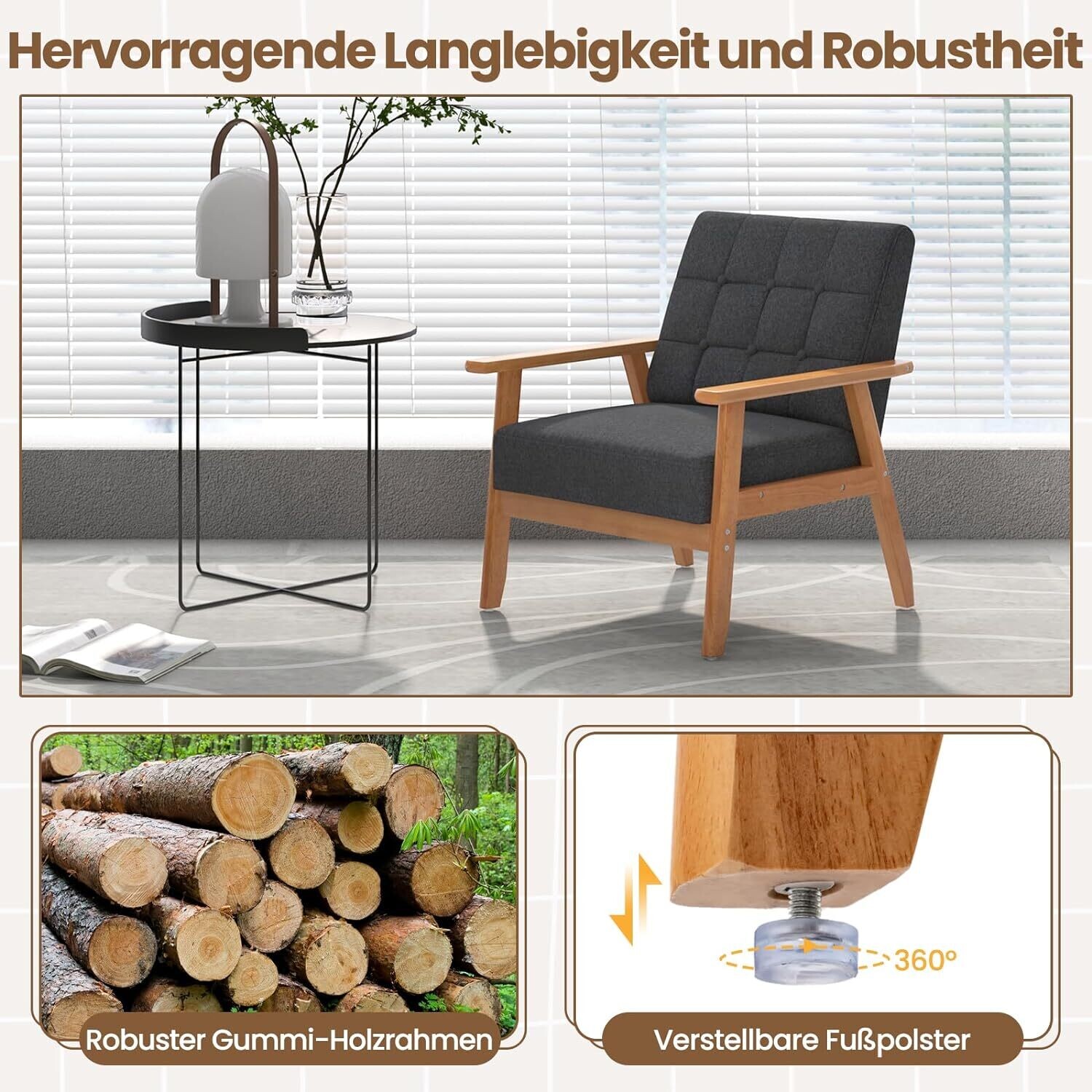 Padded Lounge Chair, Dining Room Chair with Solid Wood Frame, Accent Chair with Backrest Armrests, Maximum Load 150 kg, Upholstered Chair for Living Room, Dining Room, Office