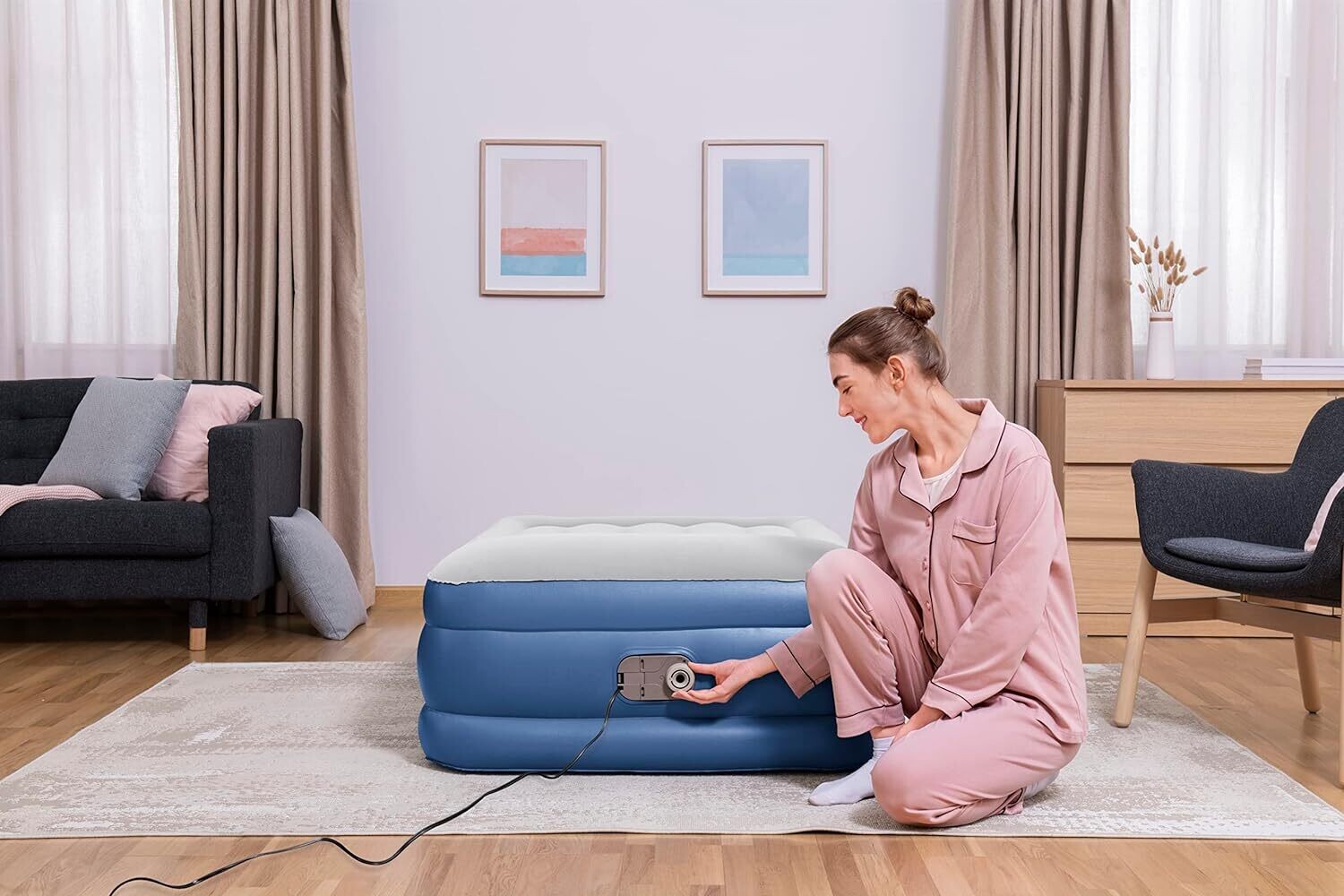 Single Size Inflatable Air Bed With Built-in Pillow Electric Pump