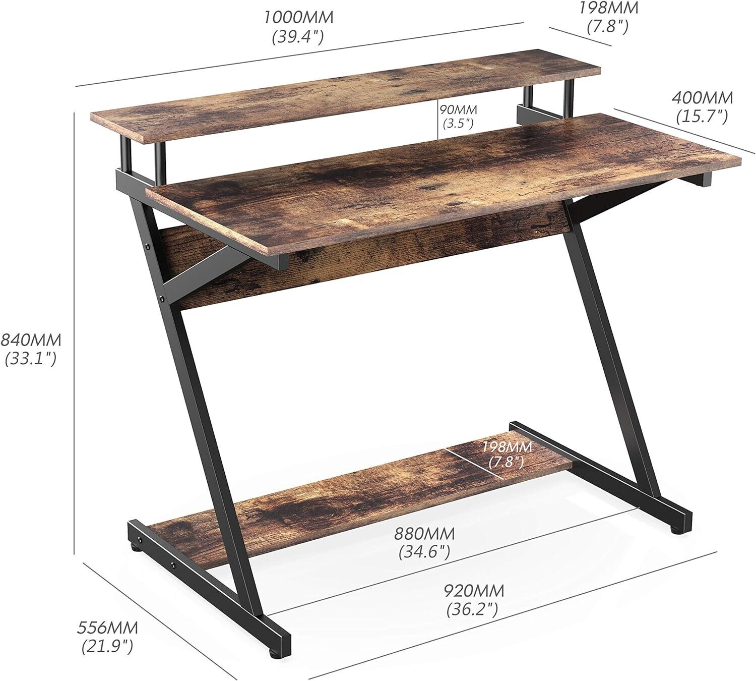 Computer Desk with Keyboard Black Wood Z-Shaped Home Office Workstation