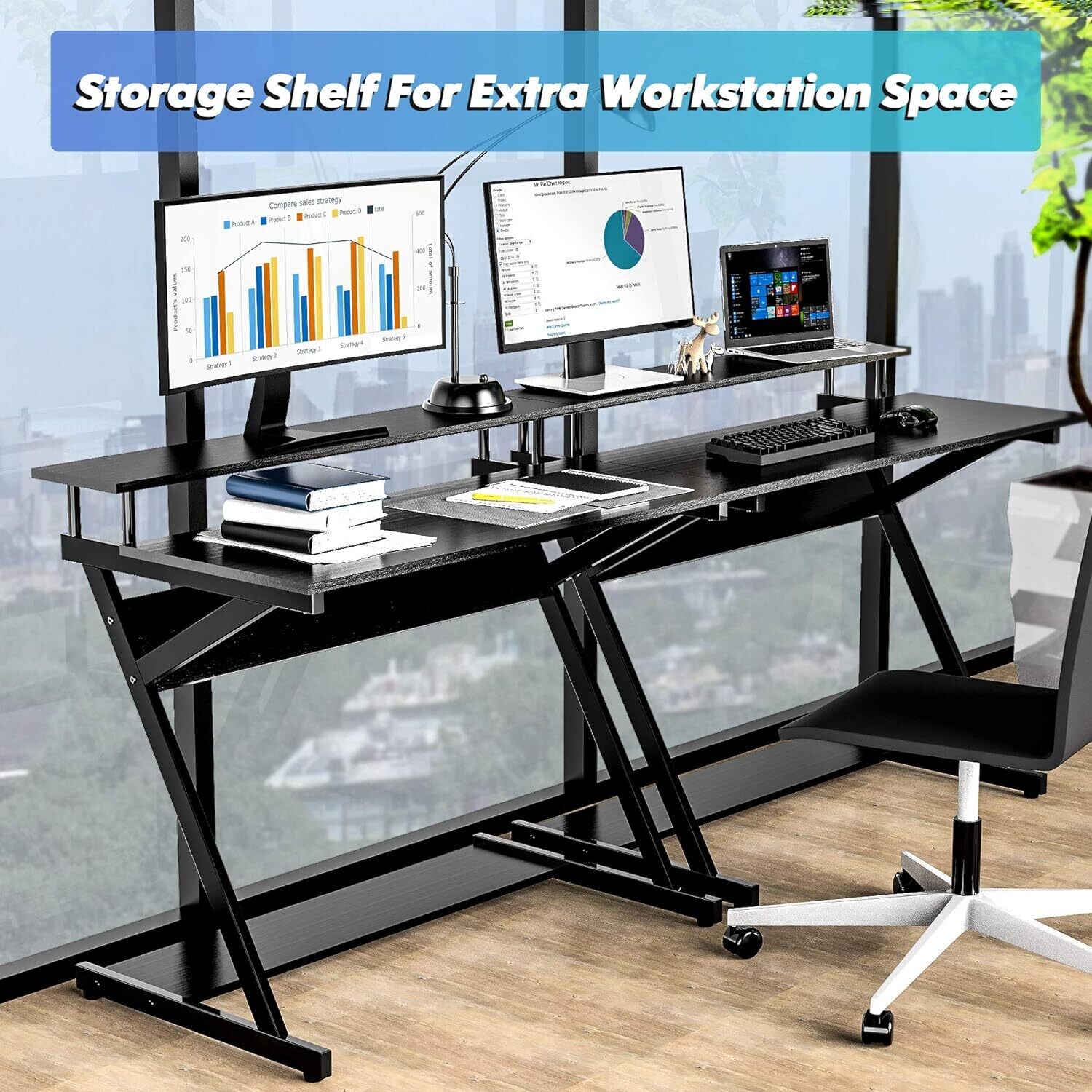 Computer Desk with Keyboard Black Wood Z-Shaped Home Office Workstation
