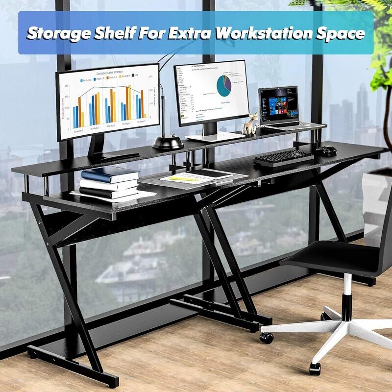 Computer Desk with Keyboard Black Wood Z-Shaped Home Office Workstation