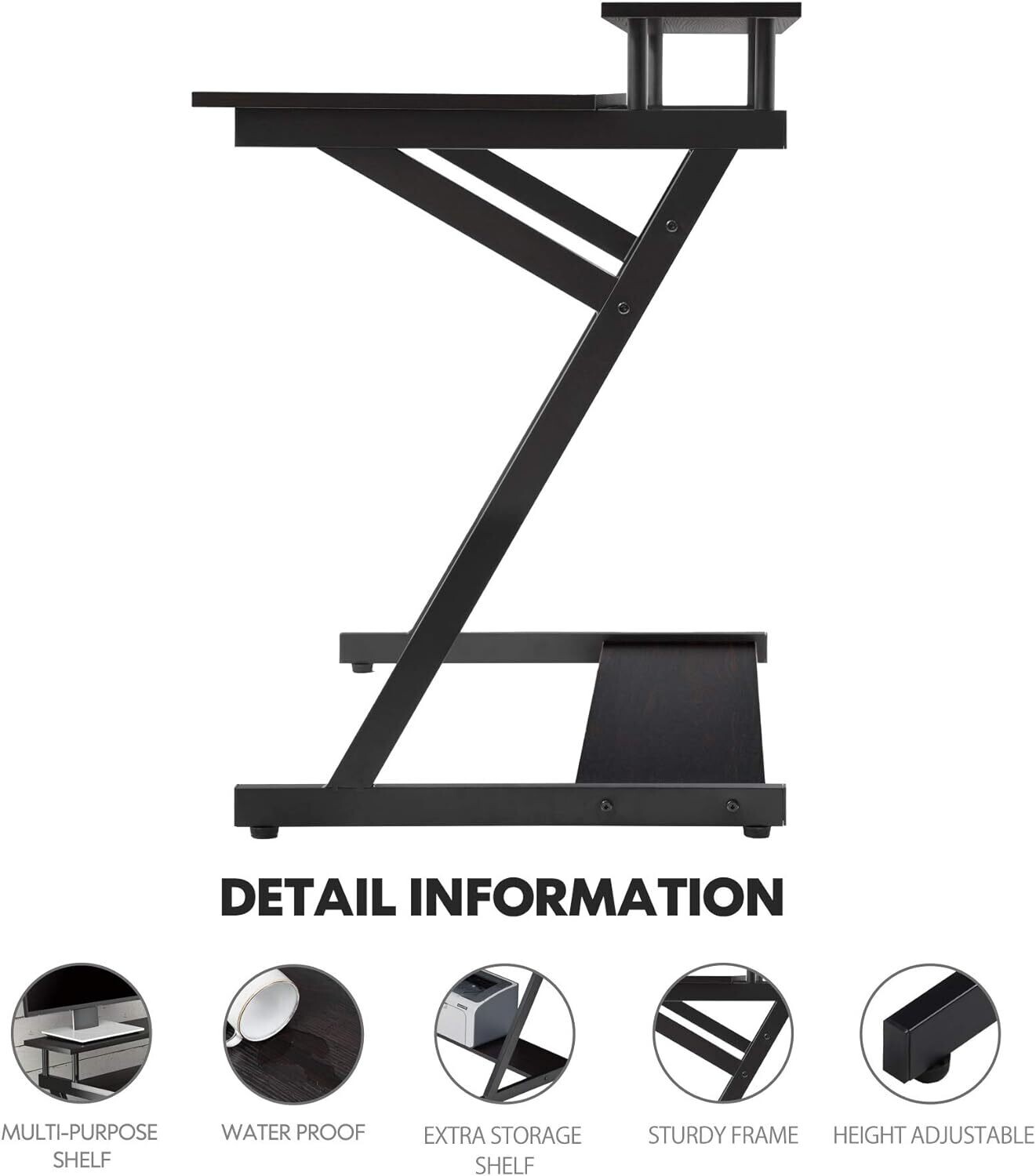 Computer Desk with Keyboard Black Wood Z-Shaped Home Office Workstation