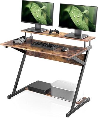 Computer Desk with Keyboard Black Wood Z-Shaped Home Office Workstation