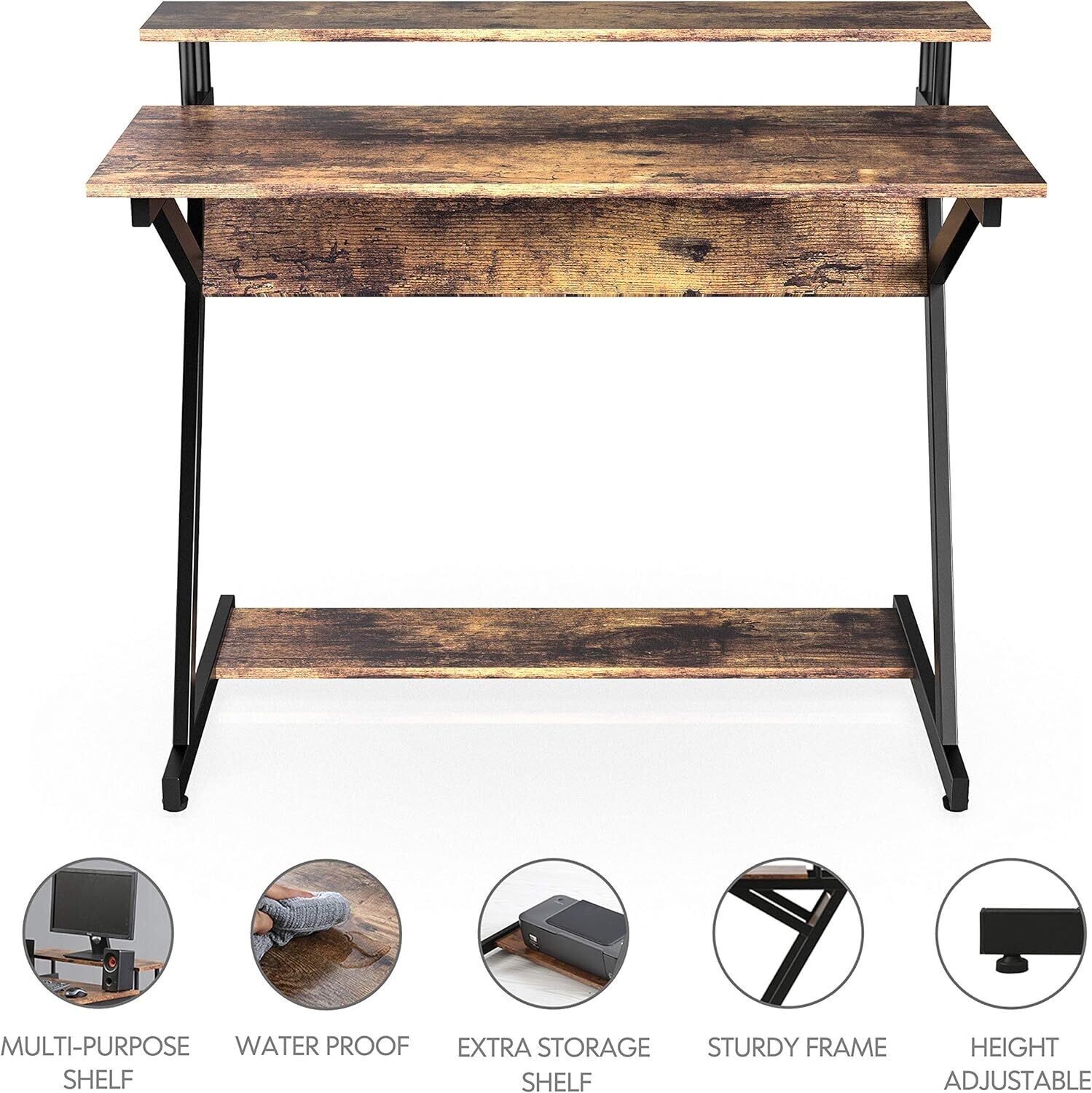 Computer Desk with Keyboard Black Wood Z-Shaped Home Office Workstation