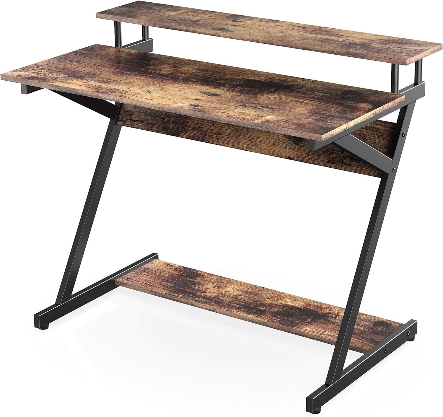 Computer Desk with Keyboard Black Wood Z-Shaped Home Office Workstation