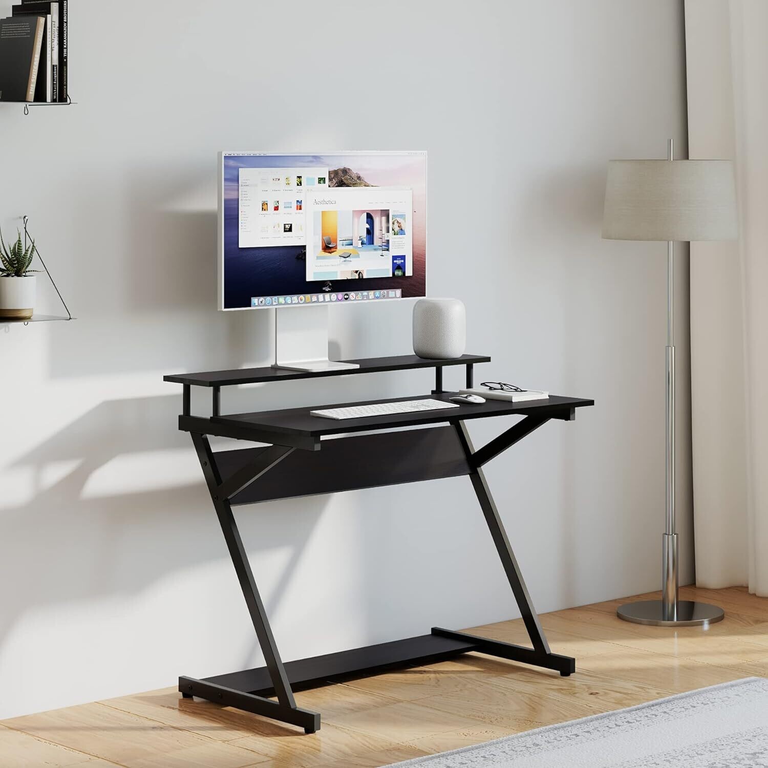 Computer Desk with Keyboard Black Wood Z-Shaped Home Office Workstation