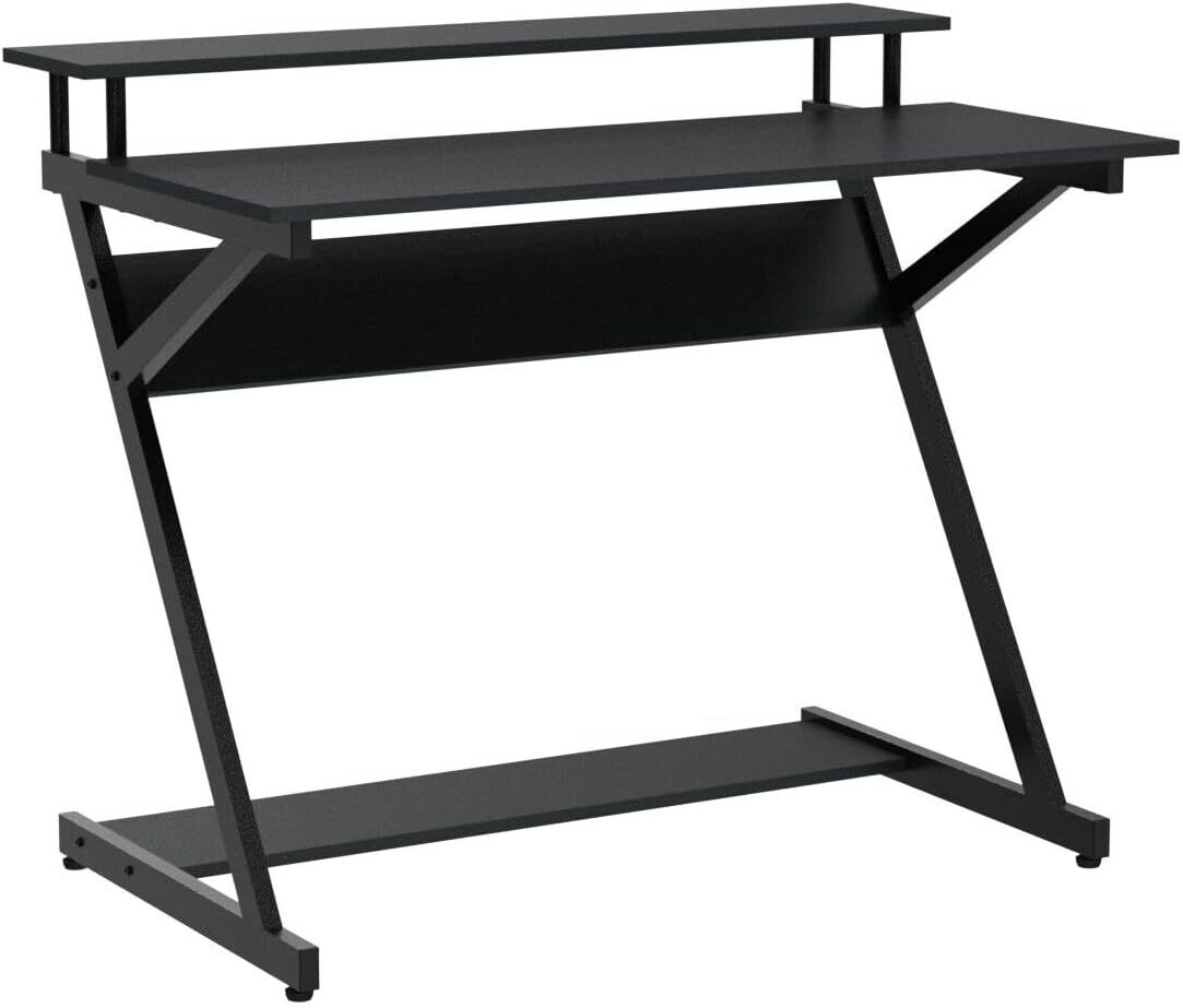 Computer Desk with Keyboard Black Wood Z-Shaped Home Office Workstation