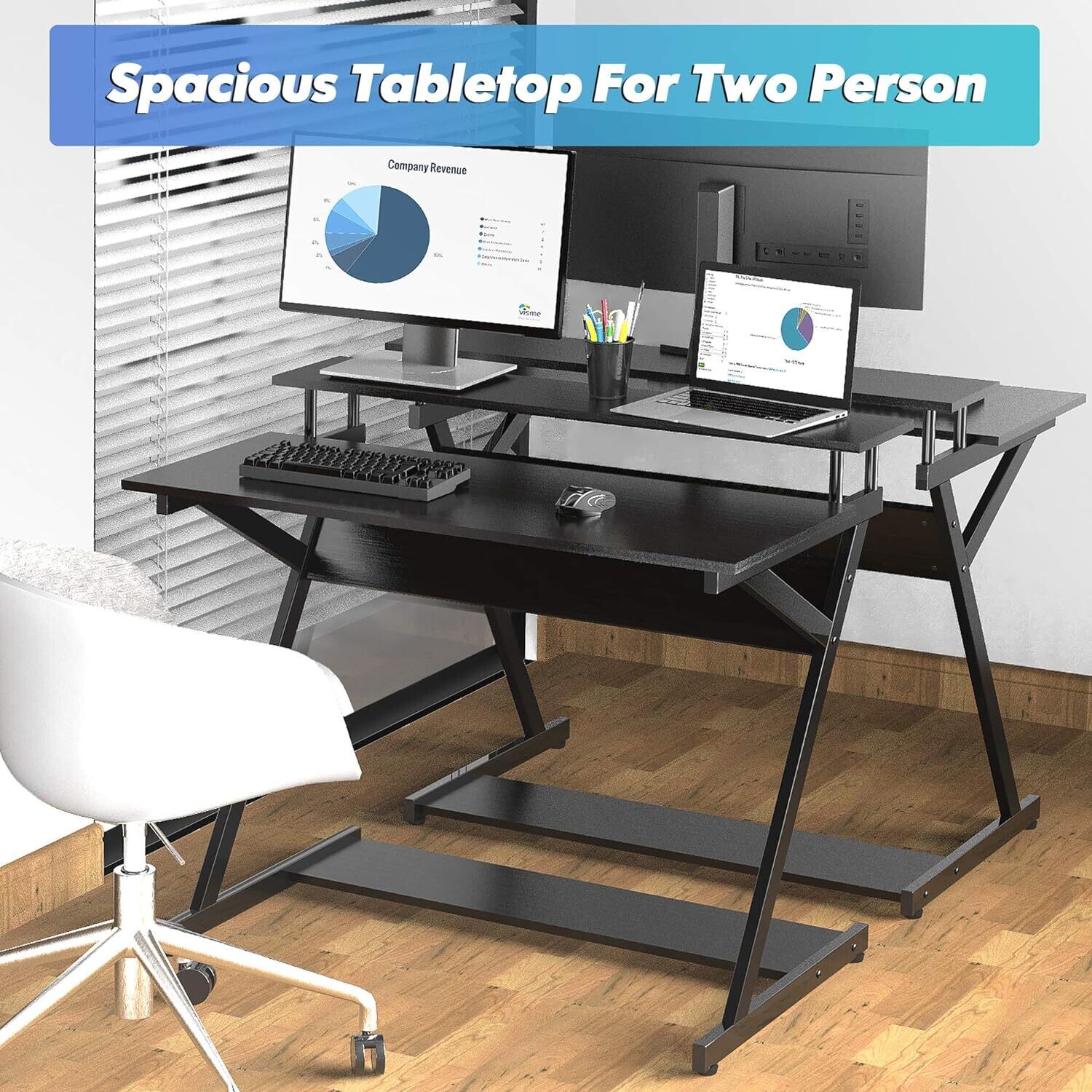 Computer Desk with Keyboard Black Wood Z-Shaped Home Office Workstation