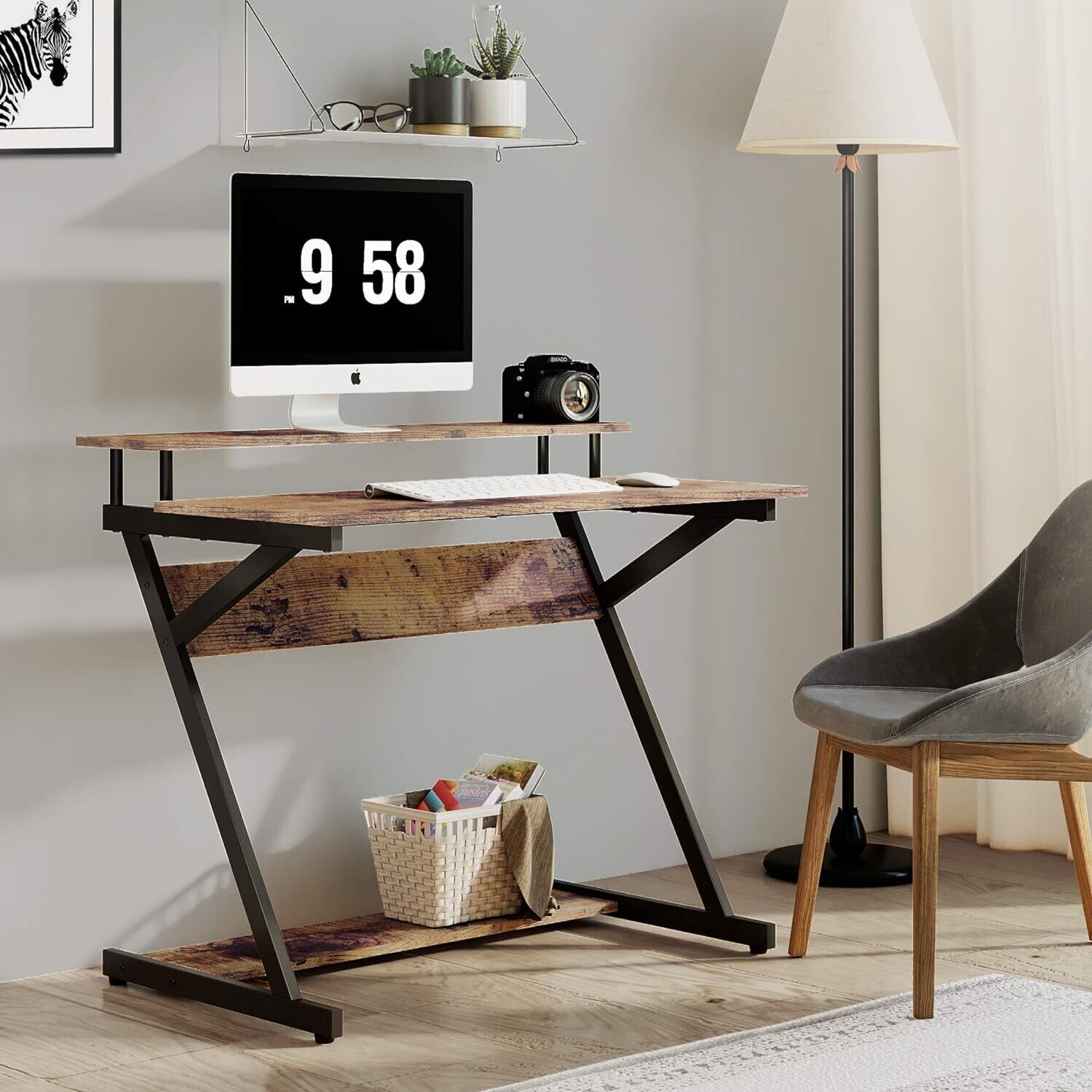Computer Desk with Keyboard Black Wood Z-Shaped Home Office Workstation