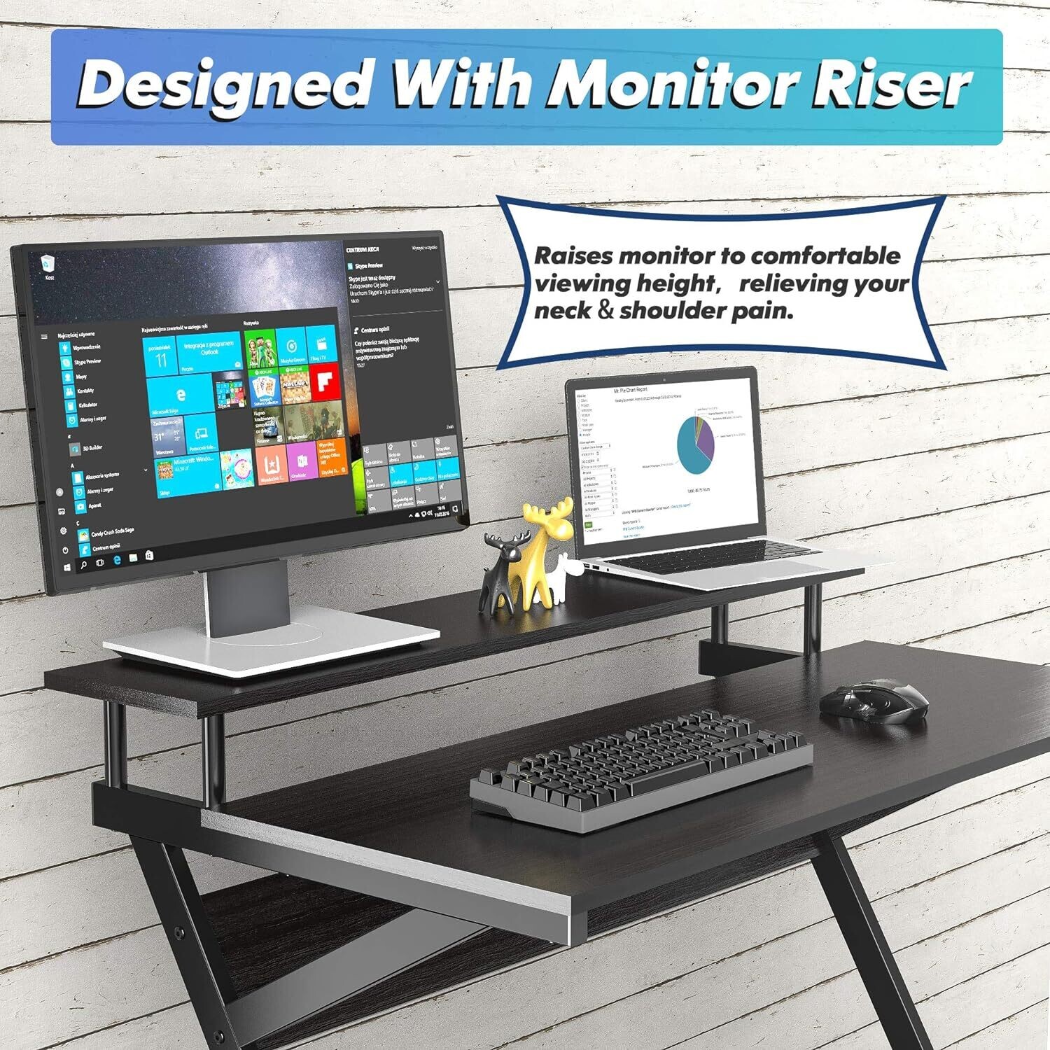 Computer Desk with Keyboard Black Wood Z-Shaped Home Office Workstation