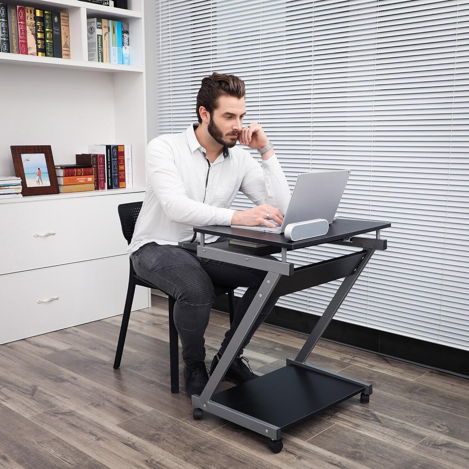 Computer Desk Office Desk, Easy to Assemble PC Stand Table with Shelves Sliding Keyboard 4 Wheels with Brake for Home Office
