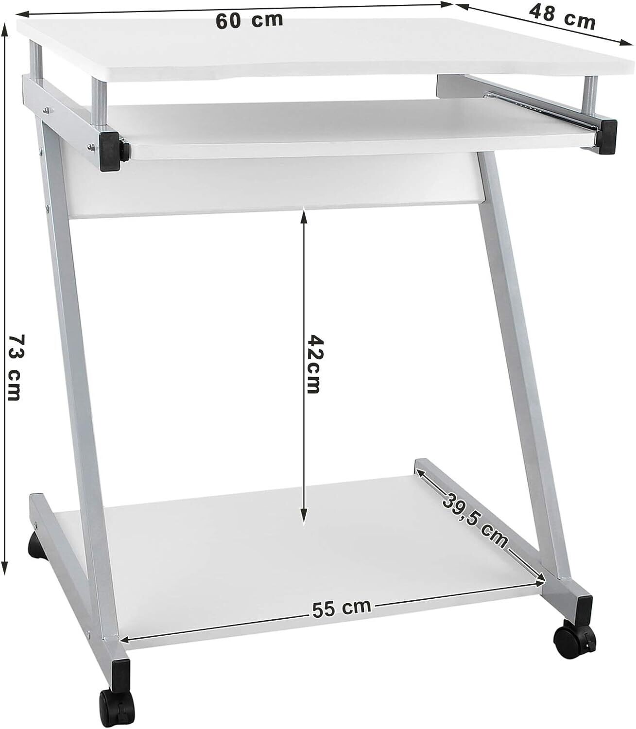 Computer Desk Office Desk, Easy to Assemble PC Stand Table with Shelves Sliding Keyboard 4 Wheels with Brake for Home Office