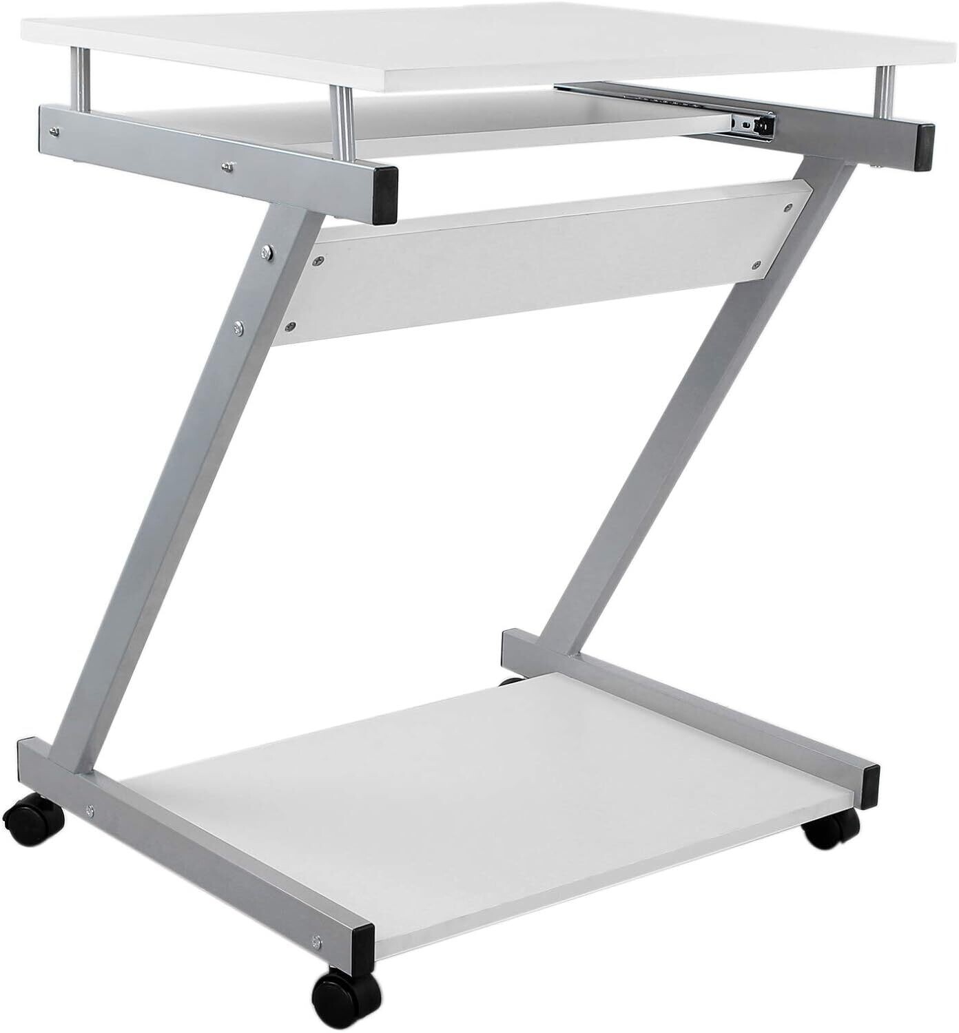 Computer Desk Office Desk, Easy to Assemble PC Stand Table with Shelves Sliding Keyboard 4 Wheels with Brake for Home Office