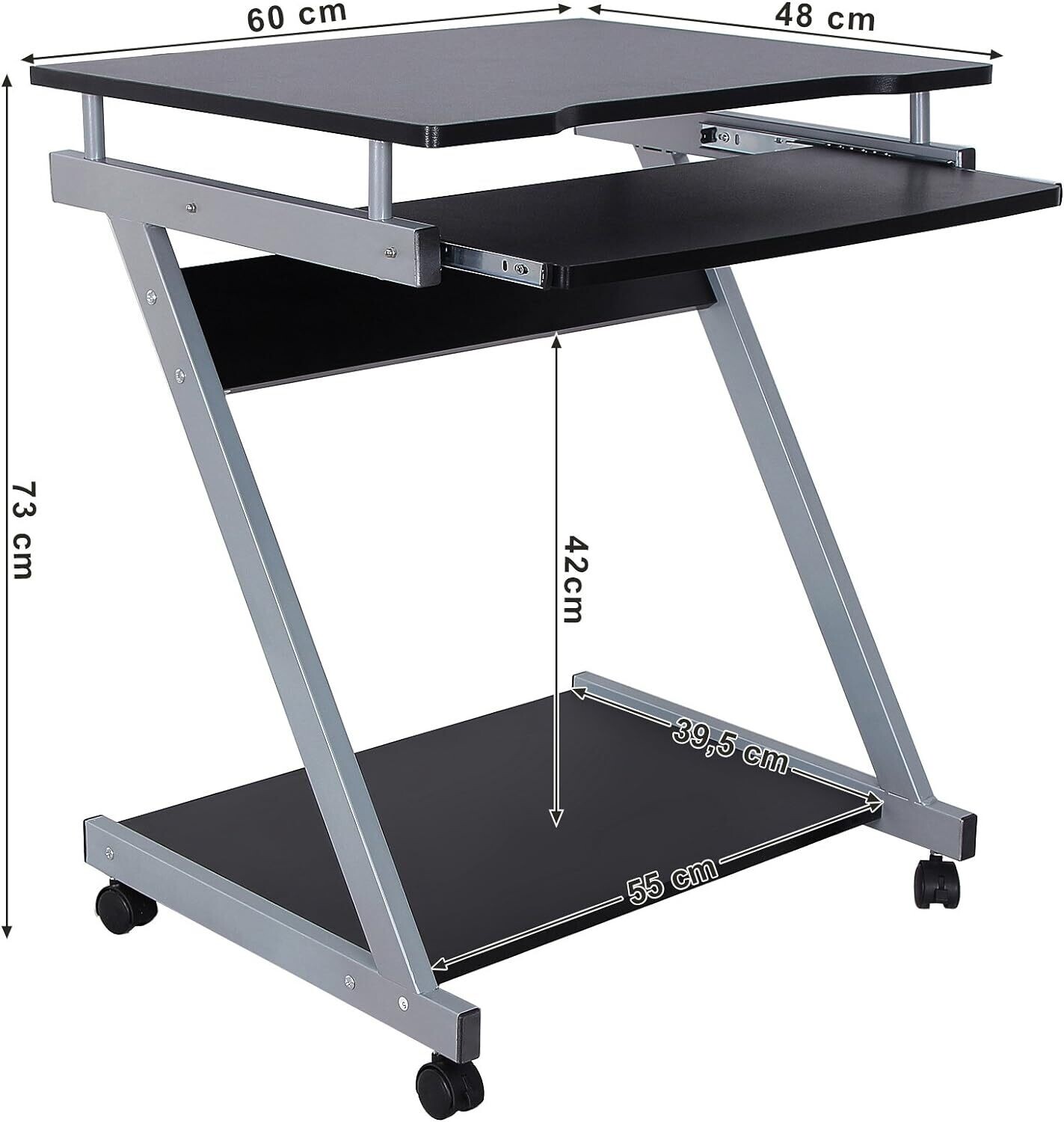 Computer Desk Office Desk, Easy to Assemble PC Stand Table with Shelves Sliding Keyboard 4 Wheels with Brake for Home Office