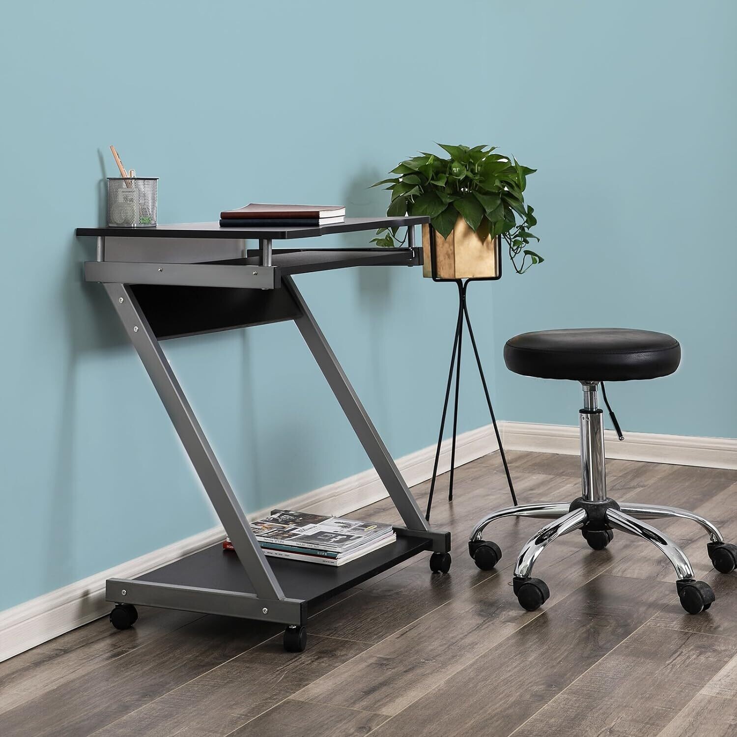 Computer Desk Office Desk, Easy to Assemble PC Stand Table with Shelves Sliding Keyboard 4 Wheels with Brake for Home Office