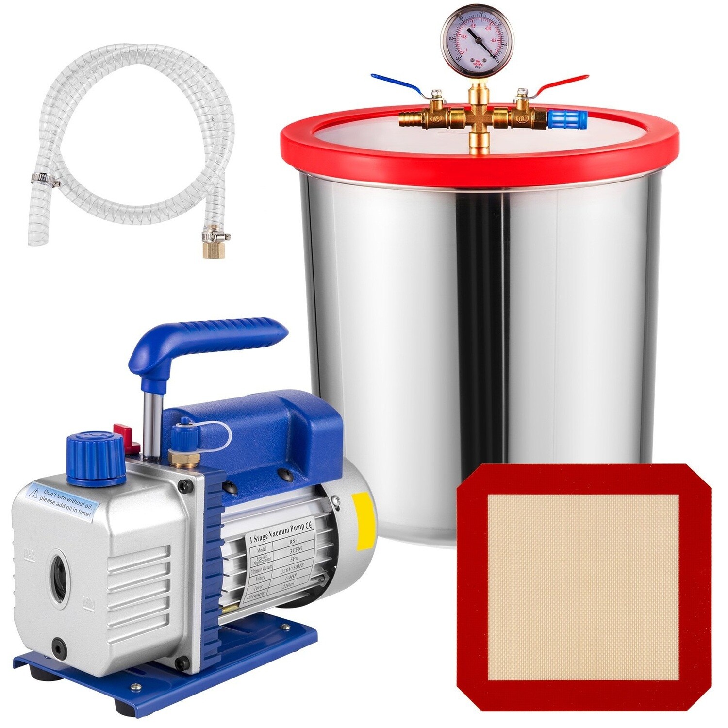 Stainless steel Gallon Vacuum Chamber Single Stage Vacuum Pump For Removing Gases, kit for Epoxies and Urethane Degassing