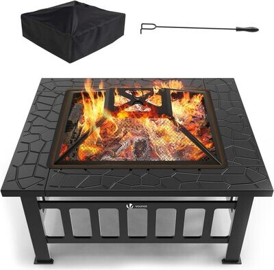 Fire Bowl with Spark Guard and Grill Grate, Fire Bowl / Fire Pit for the Garden, Patio, Heating & Barbecues with Waterproof Protective Cover