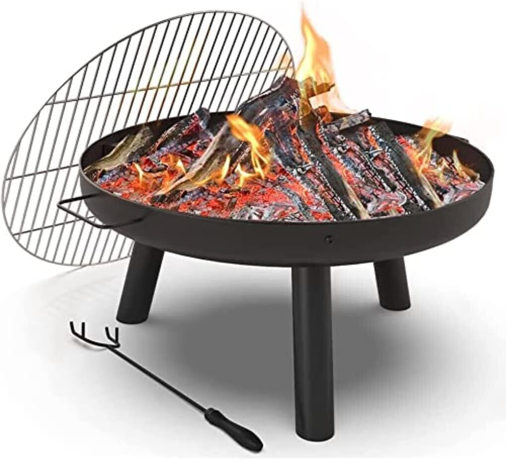Fire Bowl with Spark Guard &amp; Grill Grate – Versatile Fire Pit for Garden and Patio Heating, BBQs – Includes Waterproof Cover for Outdoor Use, Ideal for Warmth &amp; Grilling
